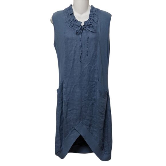 100% LIN BLANC Blue Linen Pocket Dress M - Picture 2 of 10